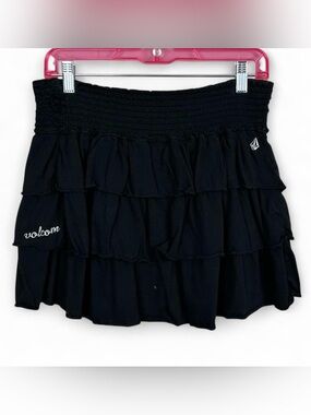 Volcom Black Smocked Waist Tiered Mini Skirt